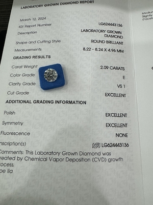 ซื้อ 2.09CT E VS1 3EX การตัดกลม CVD เพชรเจริญ IGI ใบรับรอง LG624443136 online manufacture
