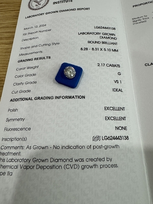 ซื้อ 2.17CT G VS1 3EX ห้องปฏิบัติการ CVD สร้างเพชรตัดกลม ใบรับรอง IGI LG624443138 online manufacture