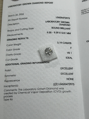 ซื้อ 3.19CT F VS1 3EX ห้องปฏิบัติการเจริญ CVD เพชรตัดกลม IGI ใบรับรอง LG626472973 online manufacture