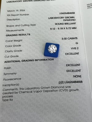 ซื้อ 3.02ct CVD ห้องทดลองเพชรเจริญโตตัดกลม G VVS2 3EX N มอบประกาศนียบัตร IGI online manufacture