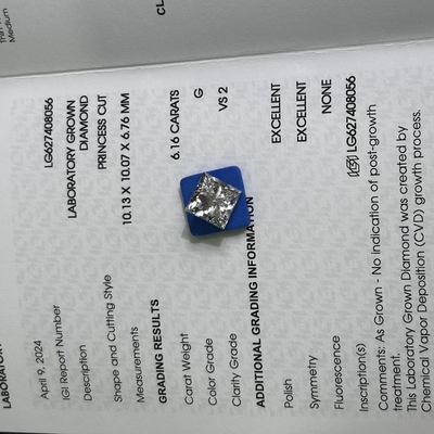 ซื้อ 6.16 คาราท G VS2 2EX CVD Princess Cut Lab สร้างเพชร IGI รับรอง online manufacture