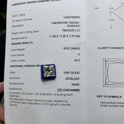ซื้อ 8.93CT H สี VS2 ความชัดเจน 2EX CVD ห้องปฏิบัติการ online manufacture