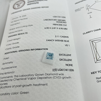 ซื้อ 2.11CT แฟนซี อินเทนซ์ บลู VS1 2EX CVD ห้องปฏิบัติการโต Diamond Princess Cut online manufacture