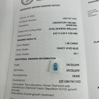 ซื้อ 1.4ct หนังสือแล็บ ผลิตเพชรตัดโอวาล CVD Fancy Vivid Blue VS1 online manufacture