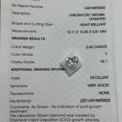 ซื้อ 3.6ct หัวใจทําจากเพชรตัด Brilliant Cut CVD F VS1 2EX N IGI LG618492502 online manufacture