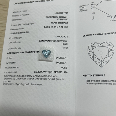 ซื้อ 3.26ct CVD หัวใจทรงแล็บเพชรแฟนซีเขียวเข้มฟ้า VS2 2EX N online manufacture