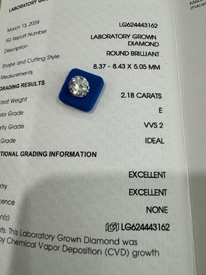 2.18CT E VVS1 ID EX CVD เพชรสังเคราะห์ กลมตัดกระจ่าง