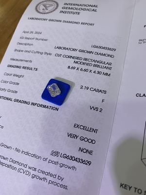 2.19ct ห้องปฏิบัติการเพชร Radiant Cut CVD F VVS2 EX VG N IGI LG630433629