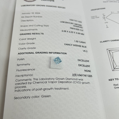 1.52CT แฟนซี อินเทนเซส บลู VS2 2EX CVD Lab เพชรเติบโต สูตรเจ้าพระยา