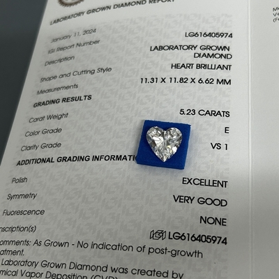 5.23ct เพชรที่เจริญเติบโต หัวใจตัด CVD E สี VS1 ความชัดเจน 2EX N IGI