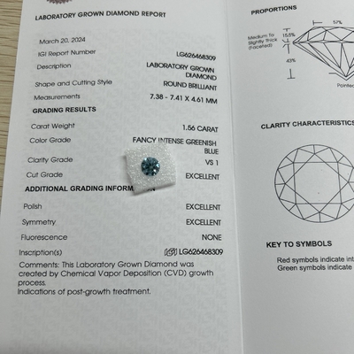 1.56ct แฟนซี อินเทนเซส สีเขียวเขียวแล็บโตเพชรตัดกลม CVD FVS1 3EX N IGI